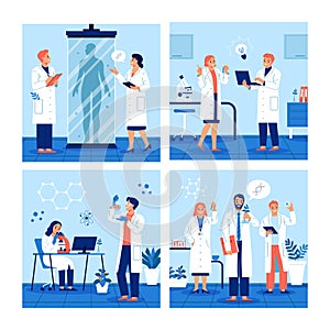 Hand drawn flat biotechnology square illustration collection