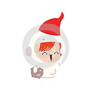 hand drawn flat color illustration of a happy spacegirl holding moon rock wearing santa hat