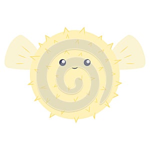 Hand drawn flat cute pufferfish or globefish with thorns. Japanese round puffer fish or blowfish. Happy fugu character