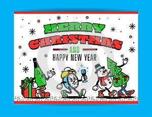 Hand-drawn Flat Design Trendy Cartoon Christmas Characters. Vintage Toons Retro Cartoon. Vector Illustration