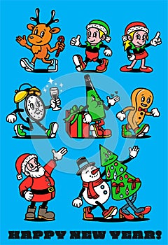 Hand-drawn Flat Design Trendy Cartoon Christmas Characters. Vintage Toons Retro Cartoon. Vector Illustration