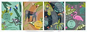 Hand drawn flat exotic fauna and flora vertical cards collection