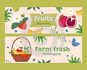 Hand drawn flat fruit harvest horizontal banner template set