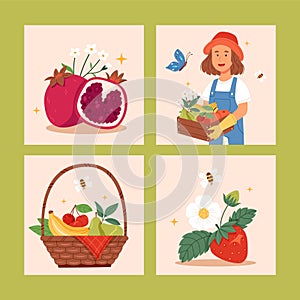 Hand drawn flat fruit harvest square illustration set