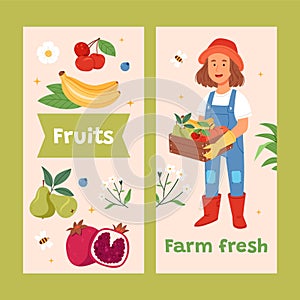 Hand drawn flat fruit harvest vertical banner template set