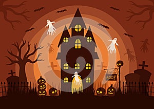 Hand drawn flat Halloween silhouette background, vector illustration.