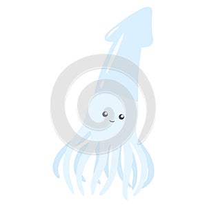 Hand drawn flat happy sea squid. Cartoon calamar character, aquatic fauna creature flat vector illustration