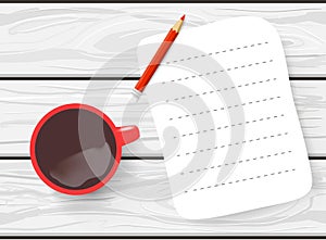 Hand drawn flat lay Mockup of blank lined sheet of paper with red pencil and a cup of coffee on white table