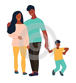 Hand drawn flat style vector illustration. Black african Pregnant woman is walking with her husband, friend, brother or partner