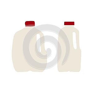 Hand drawn, flat vector illustration of milk in plastic gallon and half-gallon jug with red cap. Isolated on white background