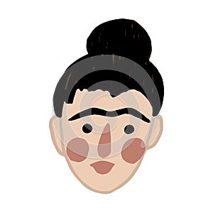 Hand drawn flat vector young woman head, Female cartoon portrait. Mexican Woman face illustration. Element for t shirt print, card