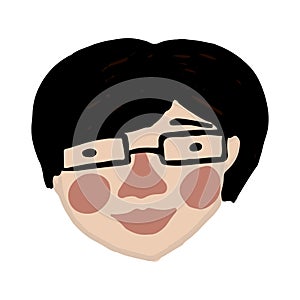 Hand drawn flat vector young woman head, Female with short hair and glasses cartoon portrait. Asian Woman face illustration.