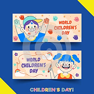 hand drawn flat world children\'s day horizontal banners set vector design illustration