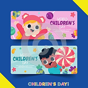 hand drawn flat world children s day horizontal banners set vector design illustration