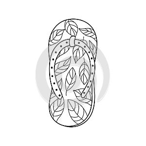 Hand drawn flip flop shoe in outline with leaves pattern. Summer slipper coloring page