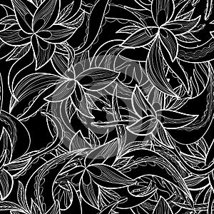 Hand-drawn floral abstract seamless pattern, monochrome background