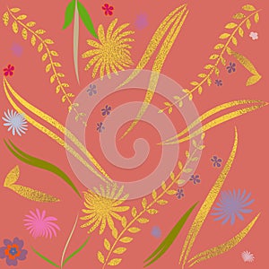 Hand drawn floral backdrop. Golden foil surface. Floral template for cards, backdrop, invitation, decorations & greetings.