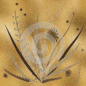 Hand drawn floral backdrop. Golden foil surface. Floral template for cards, backdrop, invitation, decorations & greetings.