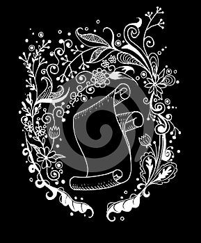 Hand-drawn floral background and roll old paper