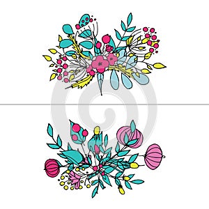 Hand drawn floral bouquets. Romantic design frames with flowers. photo