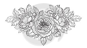 Hand Drawn Floral Bunch with Peony Flowers  and Leaves