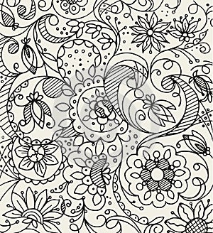 Hand drawn floral doodle pattern with graphic elements flowers and leaves in two color style