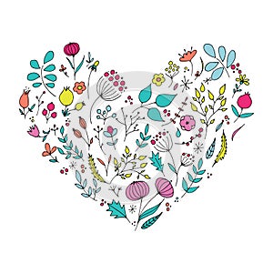 Hand drawn floral elements in heart shape. Romantic surface design. photo