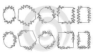 Hand drawn floral frames in different shapes, isolated borders with leaves ornament in outline style vector illustration.