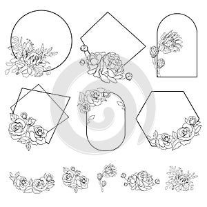 Hand drawn floral frames set. Sketch flower, leaves and branches decoration wreath.Flower frame.Vector