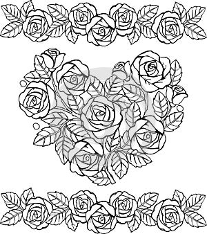 Hand drawn floral heart monochrome. Heart of roses for the anti stress coloring page.