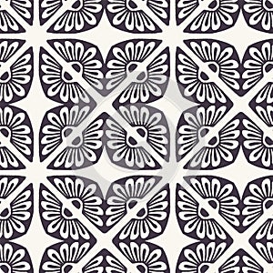 Hand drawn floral mosaic tile shapes. Repeating azulejo background. Monochrome surface design textile swatch. Modern daisy black