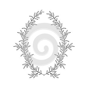 Hand drawn floral oval frame wreath on white background