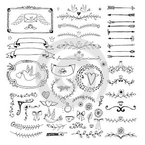 Hand drawn floral page elements. Swirls, ribbons