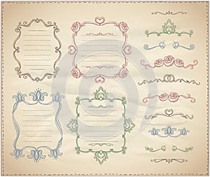 Hand drawn floral retro frames and line dividers collection