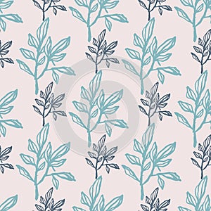 Hand drawn floral seamless pattern with branches. Foliage in navy and blue colors on light pastel background
