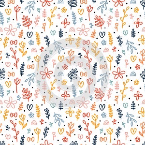 Hand drawn floral seamless pattern. Cute background with colored flowers and leaves. Simple graphic design. Scandinavian style