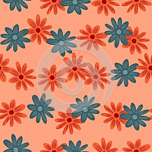 Hand drawn floral seamless pattern with red and blue bright daisy flowers shapes. Pastel pink background