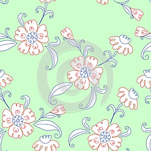 Hand drawn floral seamless vector pattern, cute line art.