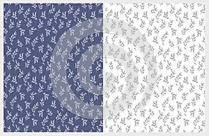 Hand Drawn Floral Vector Patterns. Delicate White and Gray Twigs on Blue and White Backgrounds.