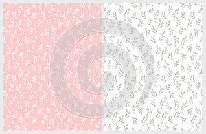 Hand Drawn Floral Vector Patterns. Delicate White and Gray Twigs on Pink and White Backgrounds.