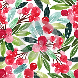 Hand drawn floral winter seamless pattern with christmas tree branches and berries. Watercolor illustration background