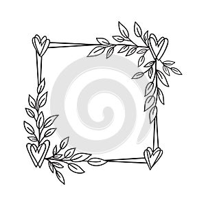 Hand drawn floral wreath with heart and leaves.