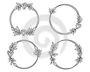 Hand drawn floral wreath with heart and leaves collection.