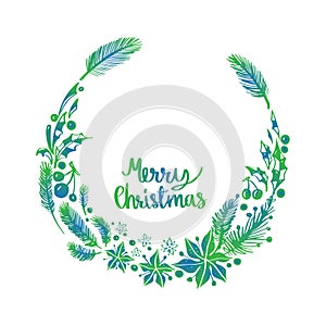 Hand drawn Floral wreath and hand drawn lettering. Merry Christmas Seasons greetings card designs perfect for prints, flyers, car