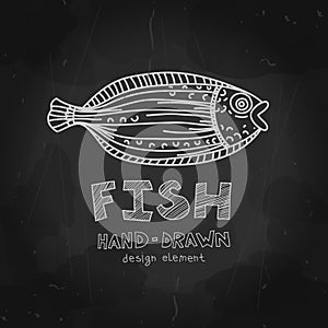 Hand-drawn flounder fish with Fish label on