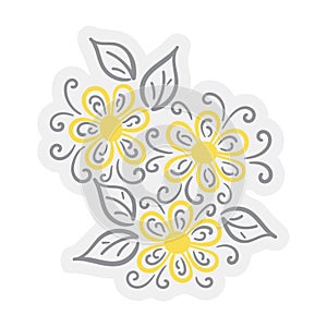 Hand-drawn flower bouquet. Yellow-gray abstract flowers leaves curls. Simple floral vector design