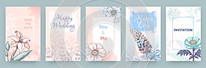Hand drawn flower posters. Fashion vintage summer patterns and placards, trendy doodle herbal brochures. Vector floral photo