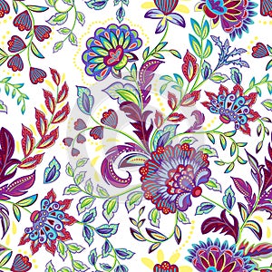 Hand drawn flower seamless pattern. Colorful seamless pattern with pargeting grunge whimsical flowers, paisley