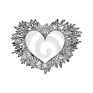 Hand drawn flower vector frame. Floral heart wreath with leaves for wedding and holiday design.