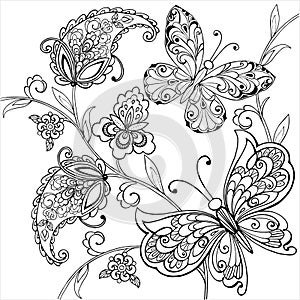Hand drawn flowers and artistic butterflies for the anti stress coloring page.